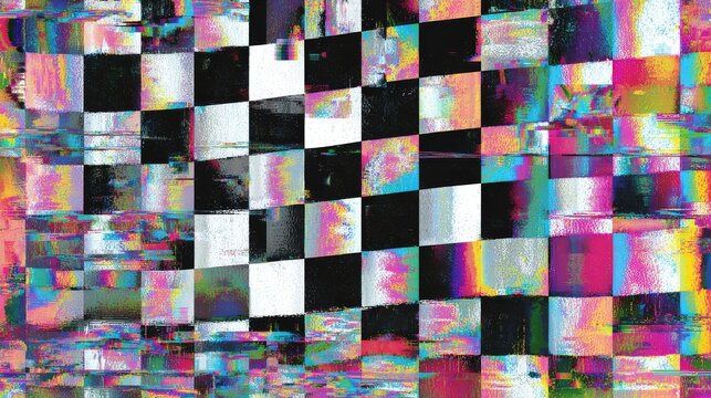 High-detail abstract texture of chessboard with glitch effect, squares misaligned and digitally deformed