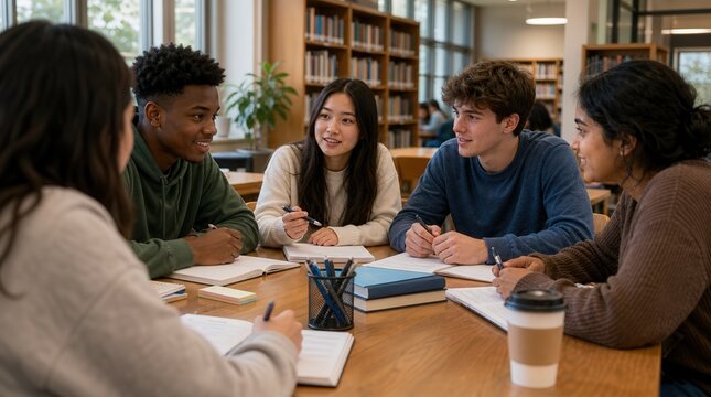 Multicultural College Students Collaborating on Group Project at University Library Table for Higher Education Marketing and Academic Success Themes