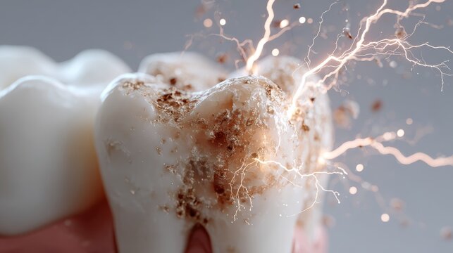 Close-up of a white tooth with decayed brown plaque area, animated electric sparks emerging from the surface in response to stimulus