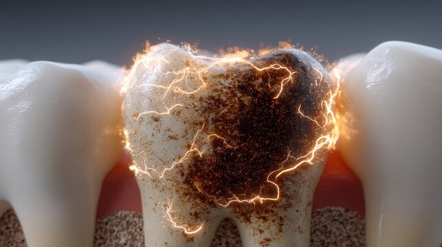 Close-up of a white tooth with decayed brown plaque area, animated electric sparks emerging from the surface in response to stimulus