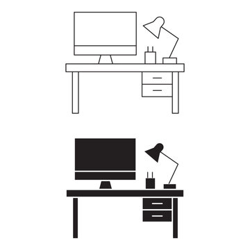 Office desk computer and lamp line and glyph icon set vector illustration.Editable stroke, Vector illustration, Line art Icon, Symbols.