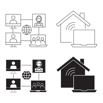 Remote work and video conference line and glyph icon set vector illustration.Editable stroke, Vector illustration, Line art Icon, Symbols.