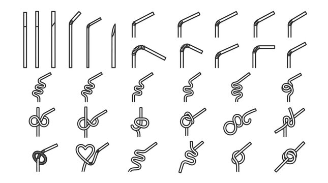 Drinking straw designs collection vector illustration, black outline set featuring straight, bent, flexible, twisted, and looped straws, creative beverage accessory concept vector