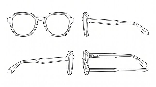Technical Line Drawing of Modern Geometric Eyeglass Frames from Multiple Angles for Eyewear Design and Optical Specs