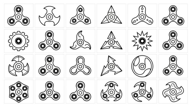 Fidget spinner designs collection vector illustration, black outline set featuring multiple shapes and bearings, stress relief toy and mechanical rotation concept vector