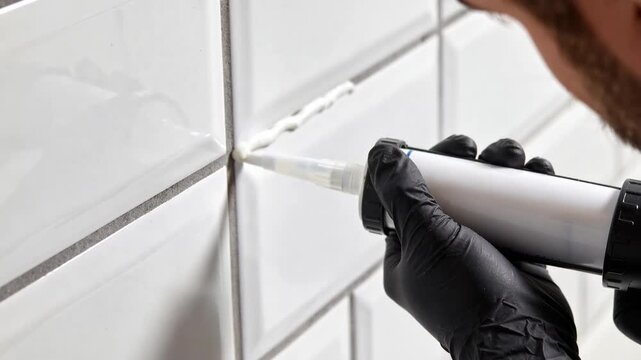 A construction worker uses a caulking gun to apply white silicone sealant between white wall tiles.