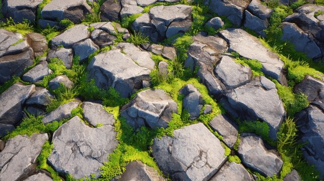 Game art-style scattered stone assets with exaggerated cracks, moss details, and a slight 3D depth in cartoon form