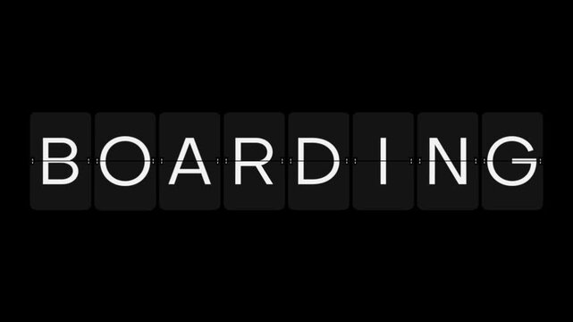 Split-Flap Changes From DELAYED to BOARDING Airport Display Animation on Black Background