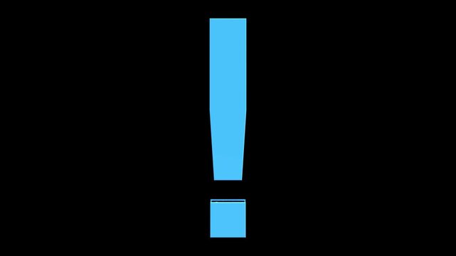 3D Blue Glass Exclamation Mark Symbol Animated with Glitter Reflection Rotating on Black Background Loop