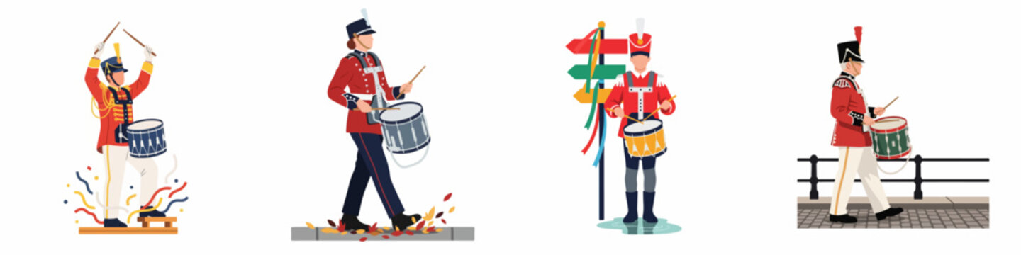 Set of flat illustrations featuring marching band drummers in red military uniforms performing in various outdoor settings including parades and city streets.
