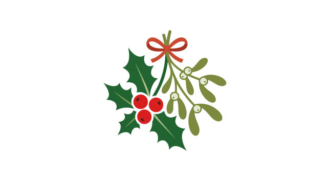 Festive winter botanical illustration with holly berries and mistletoe
