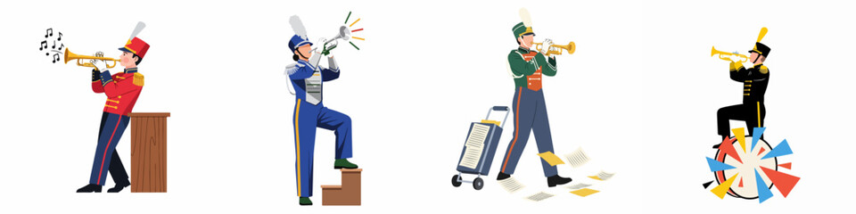 Illustrations of Diverse Marching Band Trumpet Players in Colorful Uniforms and Poses Performing Music © Muqodimatul