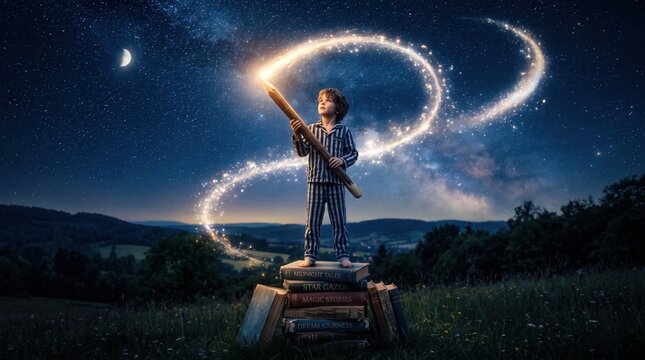 Cinematic illustration of boy in pajamas standing on books holding giant glowing pencil under starry sky, creating magical light trail for children's storytelling and education