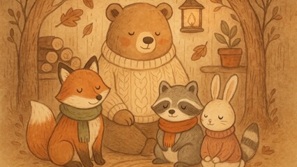 Fototapeta premium Cozy woodland animals meditating together wallpaper for desktop
