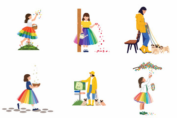 Fototapeta premium Set of flat vector characters featuring girls in rainbow skirts playing with flowers and a woman walking pugs outdoors.