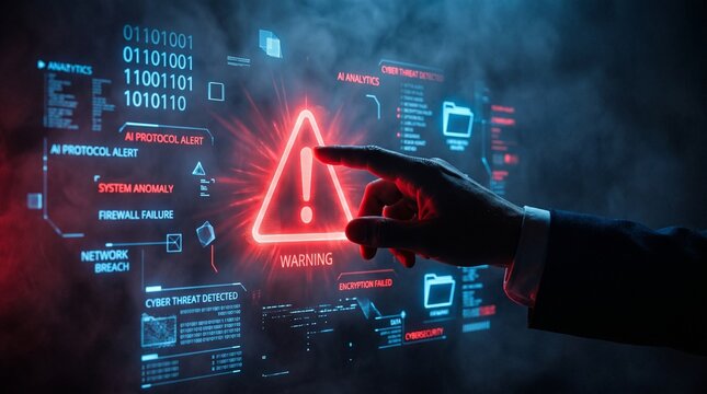 Cinematic Cybersecurity Alert Warning Hologram Touched by Businessman
