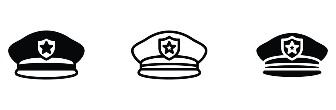 WebPolice hat vector icon set, cop cap officer badge symbol for law enforcement security authority safety protection uniform crime prevention justice department precinct, flat linear outline style