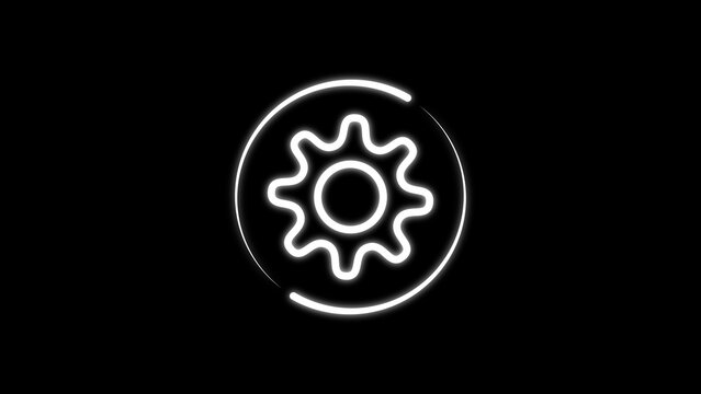 Glowing white neon gear centered inside a circular outline on a solid black background, minimalist symbol