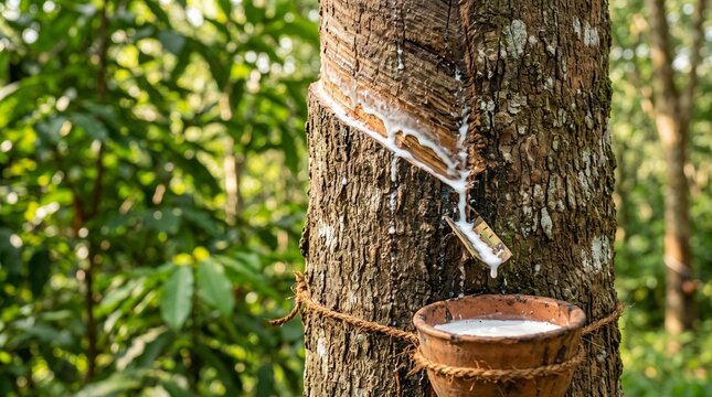 Close up rubber tree trunk with latex tapping cut and textured bark for natural rubber production, forestry and agriculture concepts