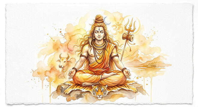 Peaceful Shiva illustration with golden spiritual tones.