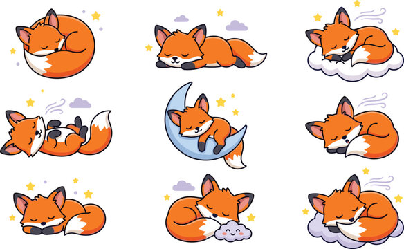 Cute sleeping fox cartoon vector collection featuring cozy bedtime poses, moon, clouds, pillow, curled tails, stars, and adorable woodland animal illustrations