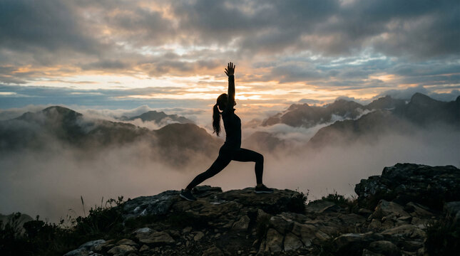 Silhouette of Woman Practicing Warrior One Yoga Pose on Mountain Top | Sunrise Yoga Pose overlooking Misty Mountain Peaks