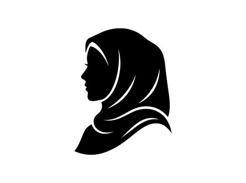 Muslim woman silhouette wearing hijab, elegant female profile icon in black and white, minimalist Islamic lady head vector illustration for logo