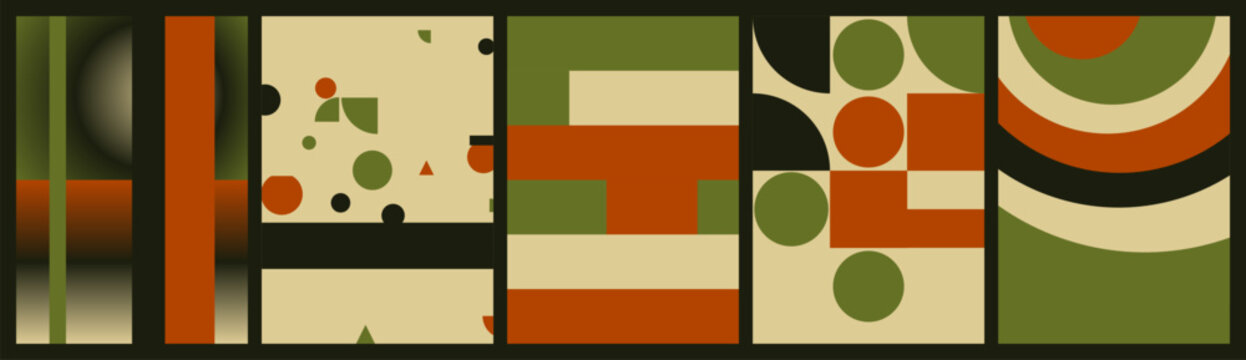 Set of abstract minimalist geometric posters featuring bold shapes, concentric arcs, and color blocks in retro green