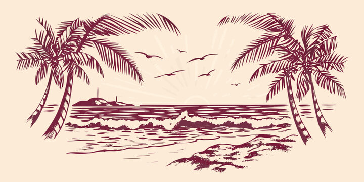Tropical ocean scene with palm trees and birds vector illustration
