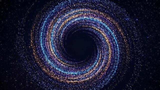 Data orbit spiral deep space with glowing particle trail, cosmic motion, abstract space background with glowing particle ring, dark center