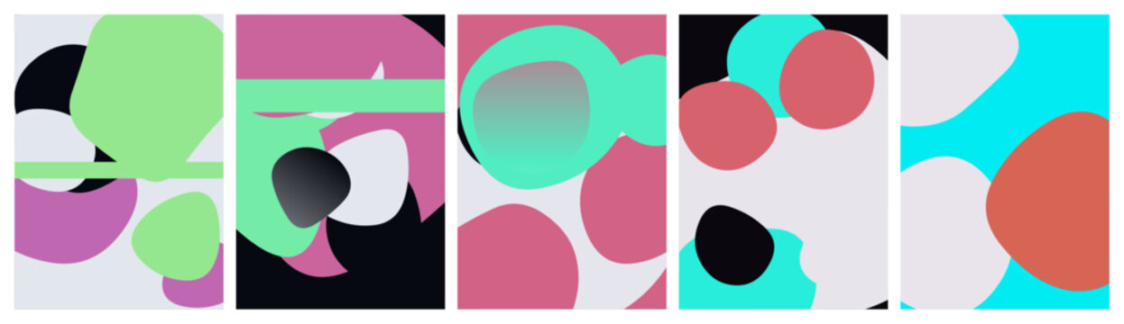 Set of five colorful abstract art prints featuring organic shapes in pastel pink turquoise green and black compositions