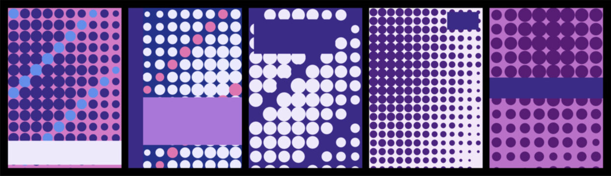 Set of five vertical covers featuring abstract polka dot patterns in purple and pink shades with solid color banners