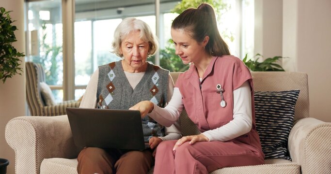 Elderly, woman and laptop with nurse in retirement home for online healthcare, assistance or guide. Senior, female person or caregiver helping pensioner on computer for telehealth or advice in house