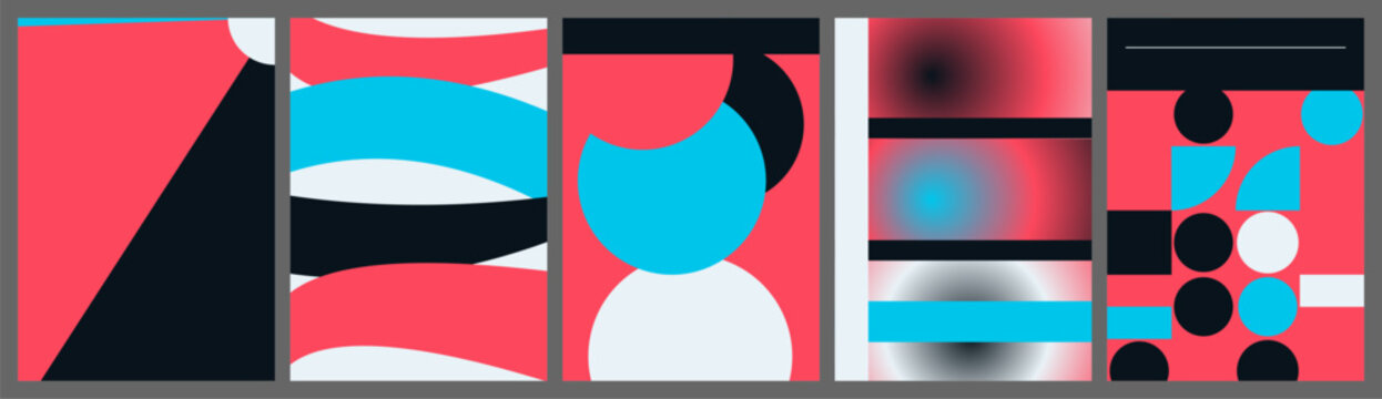 Set of five modern abstract posters featuring geometric shapes and fluid waves in vibrant pink, blue, and black