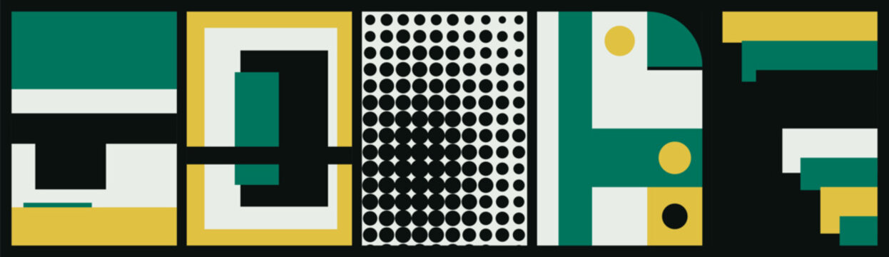Abstract geometric art panels featuring bold green and yellow rectangles, black circles, and halftone dots arranged in