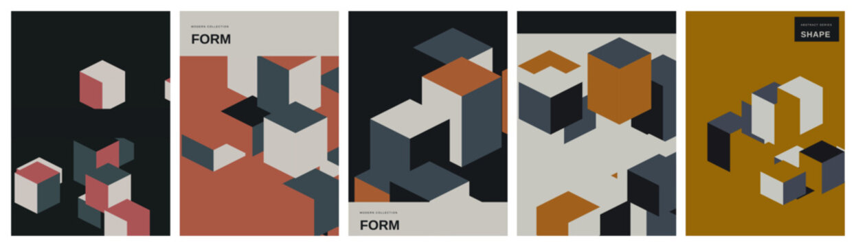 A collection of five minimal abstract posters featuring isometric cubes in terracotta grey and beige with text space