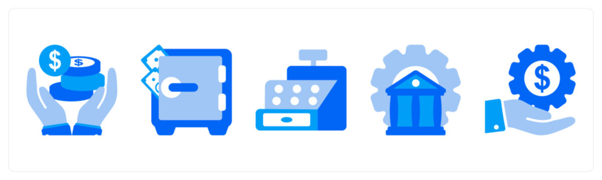 A set of 5 mix icons as Credit Union, Safe Deposit Box, cash register