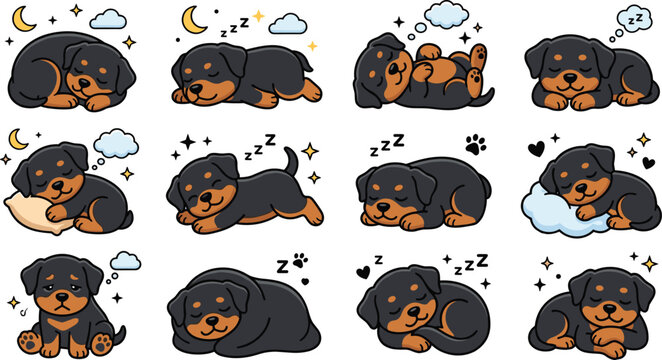 Cute sleeping Rottweiler puppy cartoon vector collection featuring cozy poses, pillows, clouds, dreams, moon, stars, and adorable sleepy dog characters