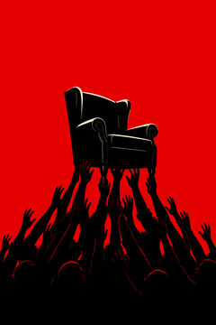 Minimalist Illustration of Silhouette Hands Reaching for an Armchair on a Red Background, Concept of Power, Ambition, and Leadership