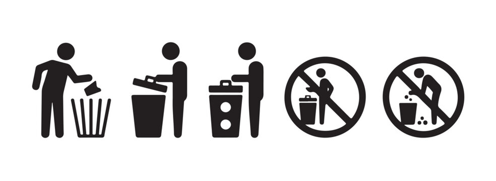 Vector icon set illustrating people disposing waste and restricted littering signs in black silhouette style.