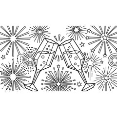 Obraz premium Two geometric champagne glasses clinking with fireworks and stars in a celebratory graphic style