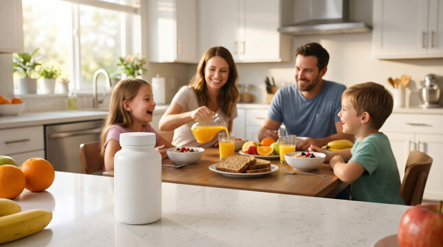 Happy family having breakfast together in the kitchen while a white supplement bottle sits in the foreground on the counter