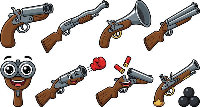 Vintage Firearm Collection with Antique Pistols Shotguns Blunderbuss Cartoon Gun Characters Ammunition and Cannonballs Vector Illustration