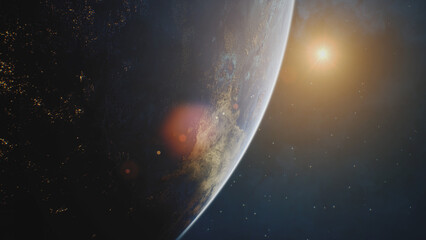 Cinematic Planet Earth Rotating in Dark Outer Space galaxy with Stars Background. © SohubProduction