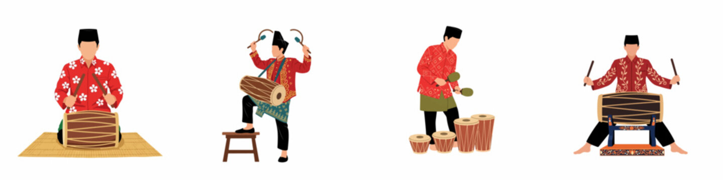 Collection of traditional Indonesian musicians wearing batik and playing diverse percussion instruments, including kendang drums, in a flat vector style.