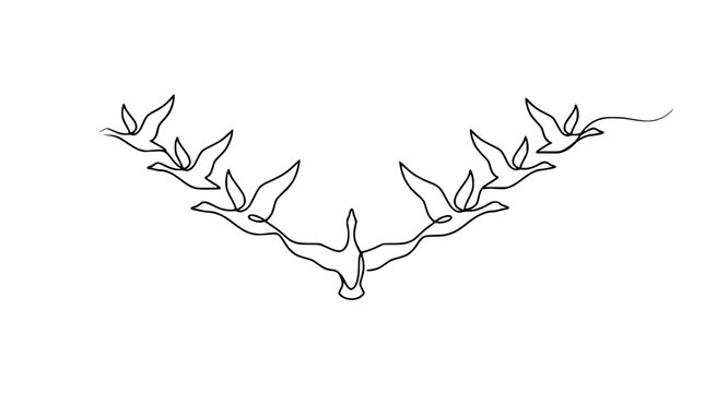 Minimalist single line drawing of a flock of birds flying in V formation