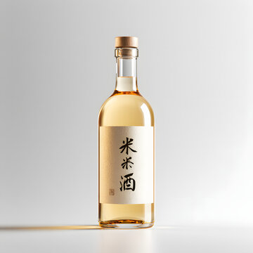 Isolated Bottle of Chinese Rice Wine on White Background with Traditional Label Design
