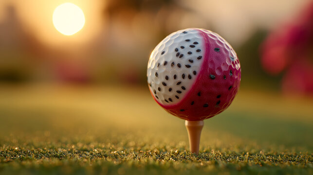 Golf ball cut open revealing dragon fruit interior sits on golf tee on green course at sunrise, creating surreal and imaginative scene