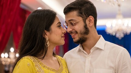 Fototapeta premium Smiling woman in yellow dress talking to man in white shirt at event