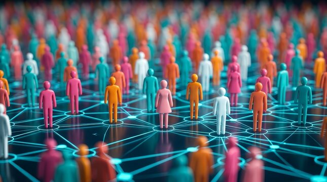 Diverse customer insights represented by colorful figures on a digital business grid.